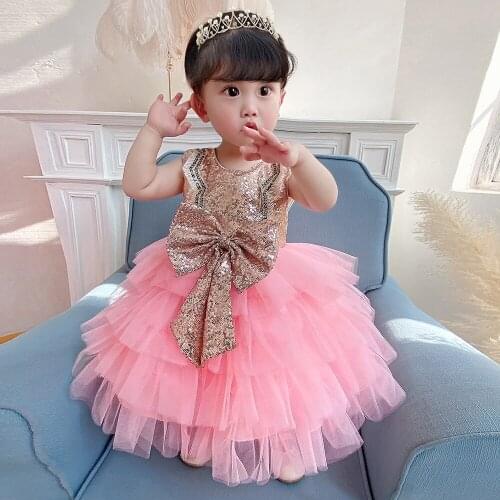 Christening Princess Wedding Toddler Sequined Big Bow Cake Birthday Party Child Baptism Baby Girl Clothes Summer Dresses Vestido