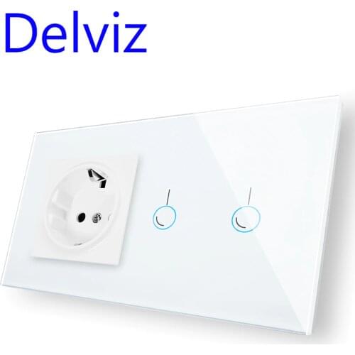 Delviz EU Standard Wall Switch Socket, 2Gangs 1Way/2Way,Model 146,mains jack,Home Touch Screen Light Switch, Crystal Glass Panel