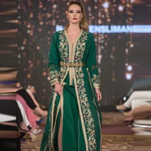 Elegant Green Muslim Formal Evening Dress Golden Appliques Designer Moroccan Kaftan Islamic Saudi Arabic Long Prom Party Gowns