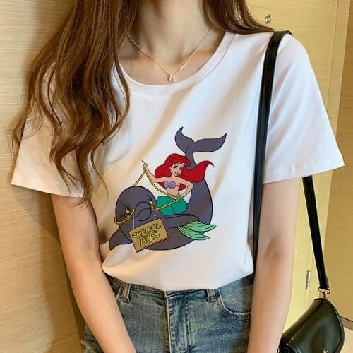 Mermaid Princess Ariel Print T Shirt Women Pretty Cartoon Aesthetic Lady T-shirt Young Fashion Streetwear Female Tee shirt White