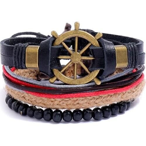 Jessingshow 4Pcs/set Men Boys Leather Bracelet Woven Bangles Vintage Rudder Male Birthday Gift Jewelry Wristband