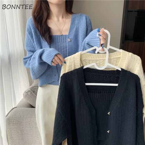 Cardigan Women Spring Solid Color Long Sleeve Sweet All-match Knitwear Girls Simple Casual V-neck Ulzzang Trendy Single Breasted