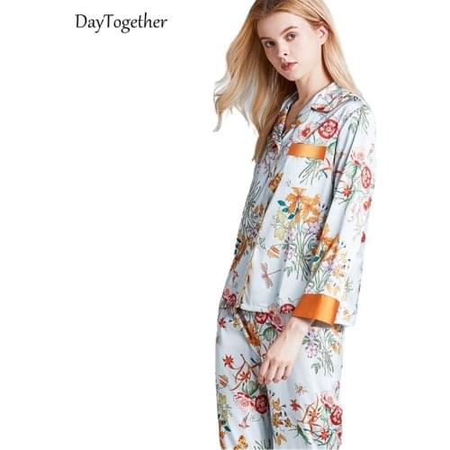 Womens Soft Rayon Pajama Sets Nightwear Ladies Printed Flower Long Sleeve Pyjama Femme Satin Silk Casual Loungewear