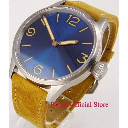 43mm Blue/Black Dial sapphire Glass yellow marks Steel Hands Winding movement mens watch