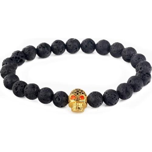 New Men Black Lava Beads Bangles Fashion Pave CZ Skull Bracelet Natural Stone Jewelry Accessories Quality Inlay Zircon Pulsera