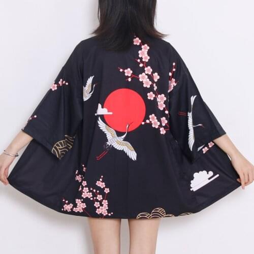New Japanese Kimono Belt Cardigan Yukata Women Men Crane Printed Shirt Summer Casual Loose Kimonos Harajuku Kimono Asian Costume