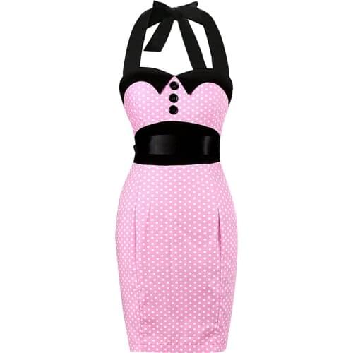 Pencil Dress 2021 Women Halter Slim Bandage Polka Dots 50s 60s Vintage Pink Cotton Summer Dresses vestidos Belt VD0244