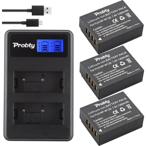 Probty 3Pcs NP-W126 NP W126 NPW126 Battery + LCD Dual Charger For Fuji HS50 HS35 HS33 HS30EXR XA1 XE1 X-Pro1 XM1 X-T10 Camera