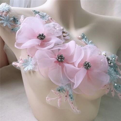 Pink 3D Flowers Embroidery Lace Applique Beads Sequin Appliques Rhinestone Lace Patch For Wedding Evening Dress Decoration DIY