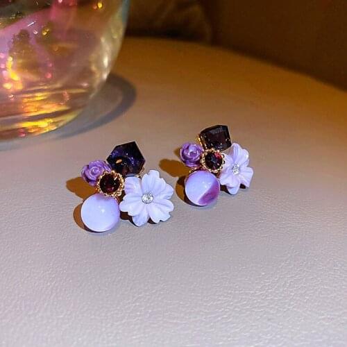 Korean Fashion Opal Crystal Flower Earrings Purple Temperament Design Sense Accessories Frech Dangler 925 Silver Needle Earings