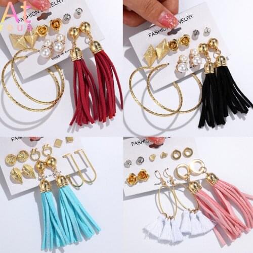 Suede Leather Fringe Earrings Set Cotton Tassel Big Hoop Earrings Flower Geometric Simulated Pearl Gold/Silver Color Earrings