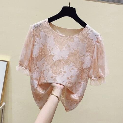 Chiffon Shirt Womens Short-sleeved 2021 Summer French Fashion Mesh Stitching Puff Sleeve Lace Blouse Elegant Embroidery 15003