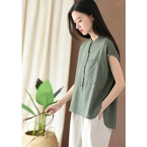 Summer cotton and linen womens new loose stand collar linen top womens shirt T-shirt