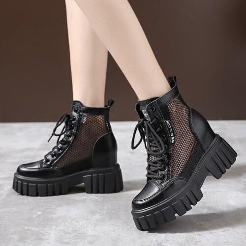 Lucyever 2021 New Hidden Heels Ankle Boots Women Summer Breathable Mesh Platform Boots Woman Lace-up Thick Bottom Wedges Botas