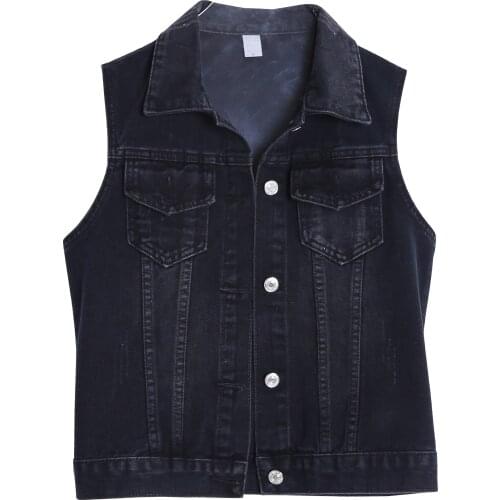 Womens Spring Autumn Sleeveless Black Denim Vest Female Winter High Waist Plus Size Short Waistcoat TB437
