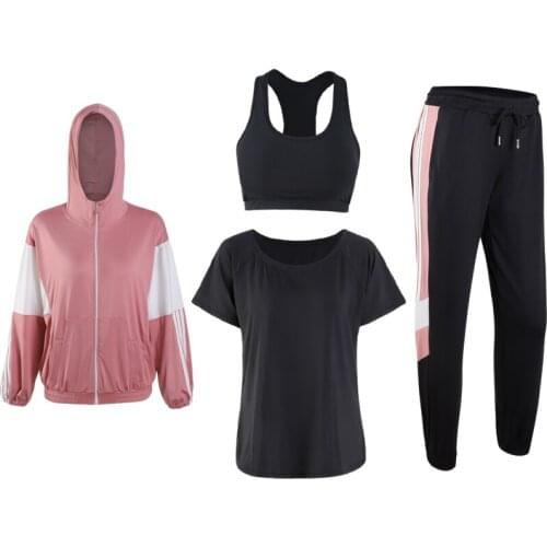 Fitness Women Yoga Set 4 in 1 Set Yoga Bra Black Sport Pants Solid Patchwork Hoodie Gym Clothes Sport Wear Running Outdoor Jog