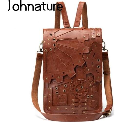 Johnature Steampunk Retro Shoulder Bag Women Backpack 2021 New High Quality Pu Leather Multifunctional Fashion Female Schoolbag