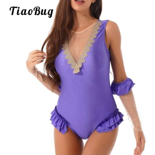 Adult Circus Show Trapeze Costume Tank Leotard with Mesh Gloves Halloween Outfit Women Purple Fancy Gymnastics Ballet Bodysuit