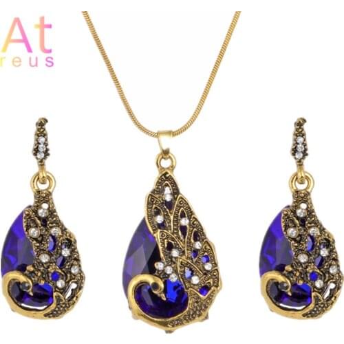 Parure de bijoux dubai Vintage Crystal Peacock Jewelry Sets For Woman snake Chain Pendant Necklace Water Drop Earrings gal metal