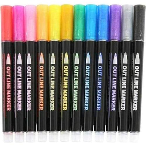 12 Colours Double Line Pen Outline Marker Pens Metallic Outline Markers Pens Self-outline Metallic Markers Painting Doodling Pen