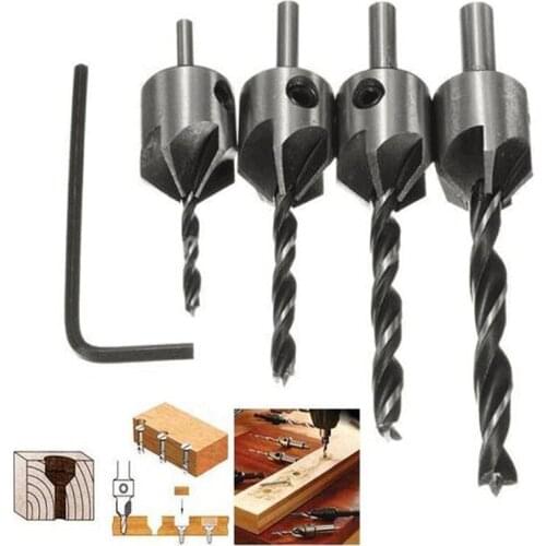 4pcs HCS 5 Flute Drill Bit Wood Countersink Drill Set Carpentry Reamer Woodworking Chamfer End Milling Wood Tool 3mm-6mm