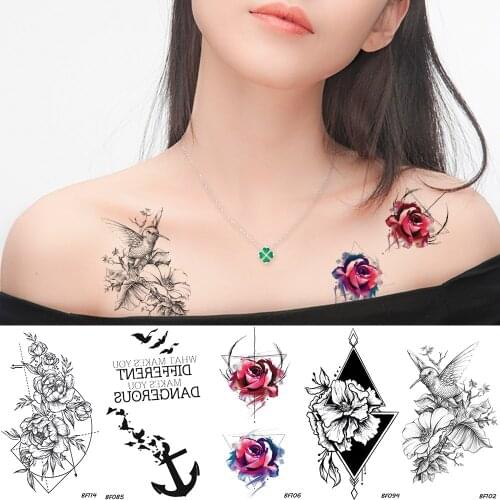 BAOFULI Red Rose Flowers Birds Temporary Tattoo Stickers Women Triangle Water Transfer Fake Tatoos Black Body Art Tattoo Decal
