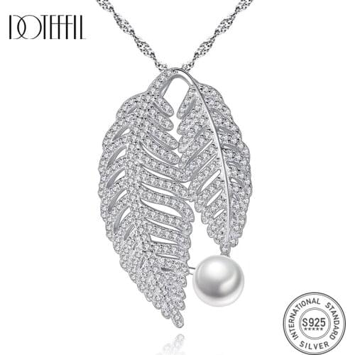 DOTEFFIL Authentic 925 Silver Chain Leaf Shape Pearl Necklace Pendant Pearl Natural Freshwater Pearl Jewelry Link Women Gift