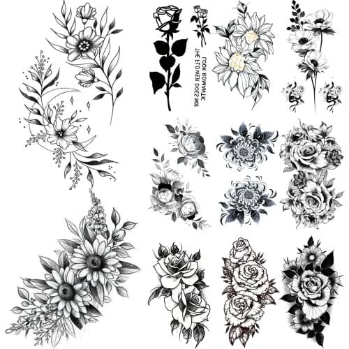 Black Daisy Moon Flower Temporary Tattoos For Women Adult Rose Peony Realistic Fake Tattoo Waterproof Body Art Painting Tatoos
