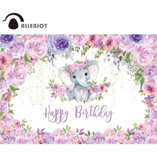 Allenjoy Baby Shower Party Cute Elephant Backdrops Purple Flowers Shiny Gold Happy Birthday Photozone Child Newborn Wallpapers