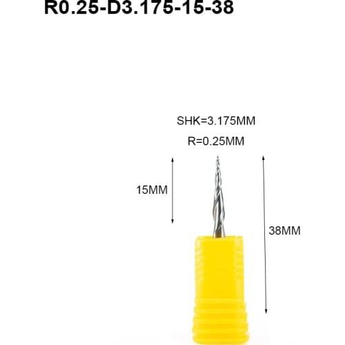 10pcs R0.25*D3.175*15*38L*2F HRC55 Tungsten solid carbide Coated Tapered Taper Ball Nose End Mill cone type cnc milling cutter
