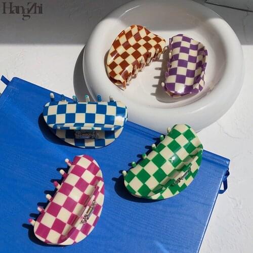 HangZhi 2021 New Colorful Checkered Chunks Semicircle Acetate Acrylic Hair Clip Claws for Women Hair Accessories Memphis Style