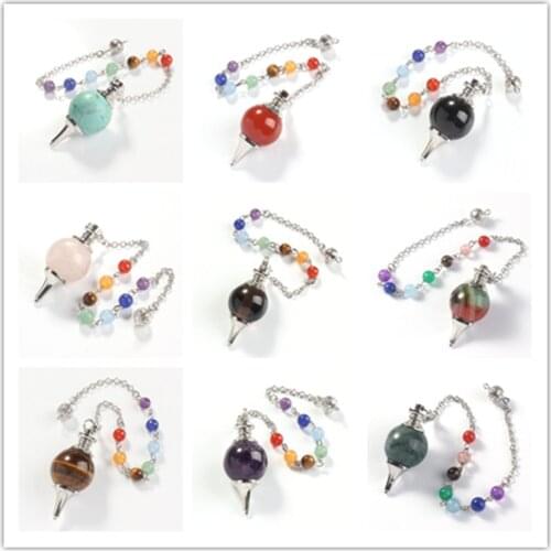 KFT Silver Plated Natural Healing Crystal Quartz 18mm Round Beads Chakra Dowsing Divination Pendulum Stone Pendant Jewelry
