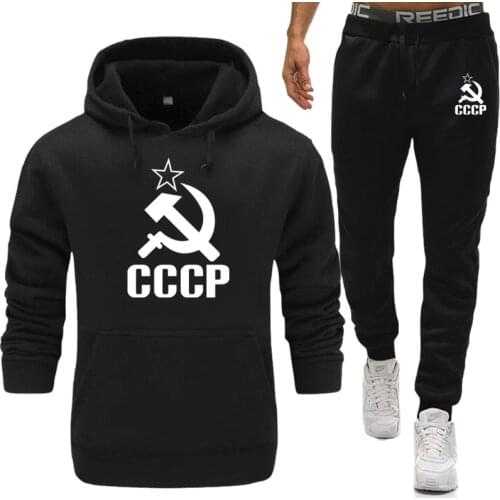 Hot Causal Mens Tracksuit Unique CCCP Russian USSR Soviet Union 2 piece Fleece Thick Set Long Sleeve Sportwear Suit Male Sets