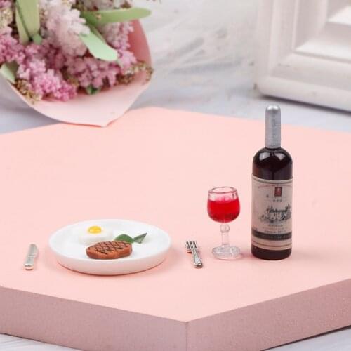 1:12 Dollhouse Mini Red Wine Steak Set Miniature Kitchen Simulation Decoration