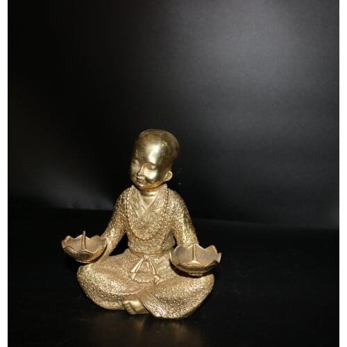 Antique Collection Chinese Old Copper Little Monk Candlestick