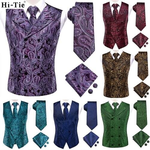 Hi-Tie Burgundy Purple Paisley Silk Mens Slim Waistcoat Necktie Set For Suit Dress Wedding 4PCS Vest Necktie Hanky Cufflink Set