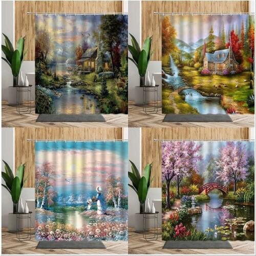 Garden Natural Scenery Oil Painting Shower Curtain Flowers Pastoral Bridge Flowing Water Landscape Bathroom Decor Bath Curtains
