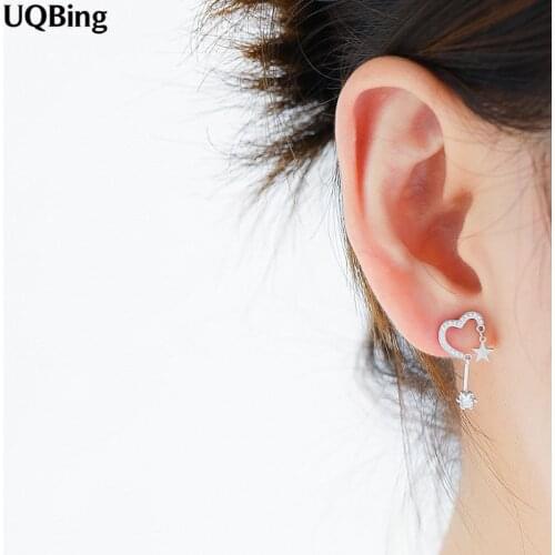 Pure 925 Sterling Silver Zirconia Heart Stud Earrings Female Star Earrings Pendientes de Plata Brincos