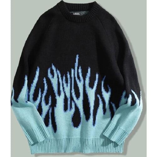 Hip Hop Flame Pattern Print Sweater Mens Harajuku Streetwear Casual Loose Sweaters 2021 Autumn Couple Unisex Oversized Pullover