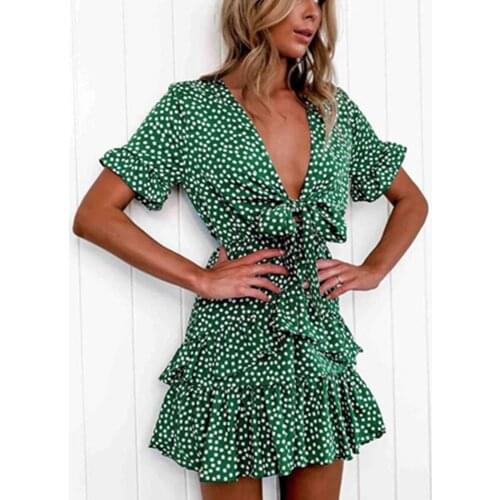 Floral Small Fresh Low-Cut Ruffled Thin And Sweet Temperament V-Neck Short-Sleeved Dress Bow Tie 2021 New Holiday Beach Dresses