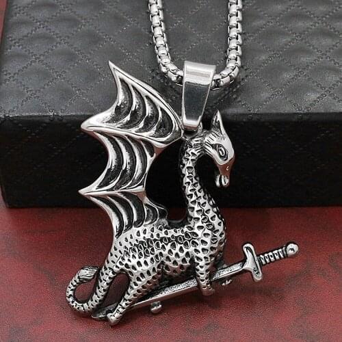 Vintage Stainless Steel Necklace Mens Viking Flying Dragon Pendant Punk Zodiac Dragon Necklace Pendant Viking Accessories