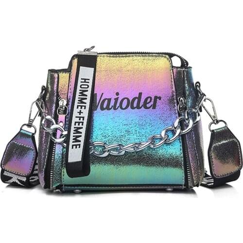 Women Laser Leather Letter Shoulder Bag Holiday Chain Handle Shiny PU Messenger Bags Exquisite Crossbody Bucket Bag