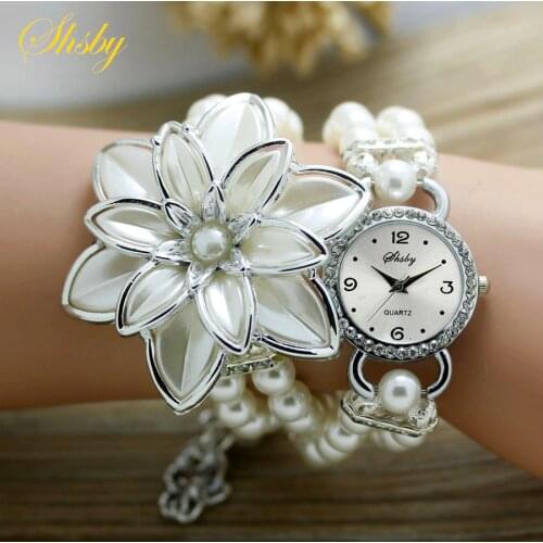 Shsby fashion Women Rhinestone Watches Ladies pearl strap Many petals flower bracelet quartz wristwatches women dress watches