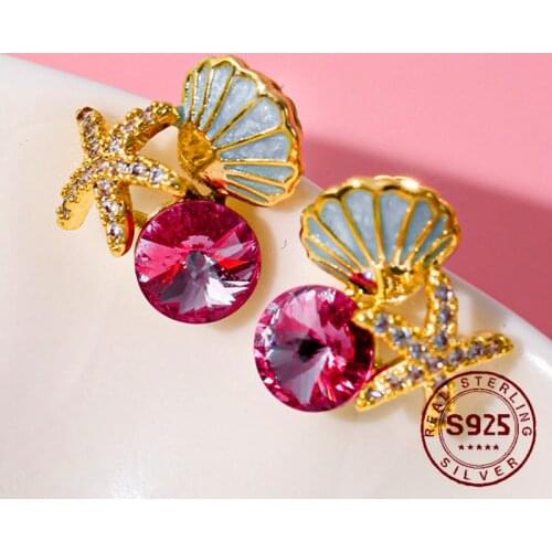 2020 New Luxury S925 Silver Plated Needle Shell Starfish Stud Earring For Women Gold Color Female Jewelry Party Valentine Gifts