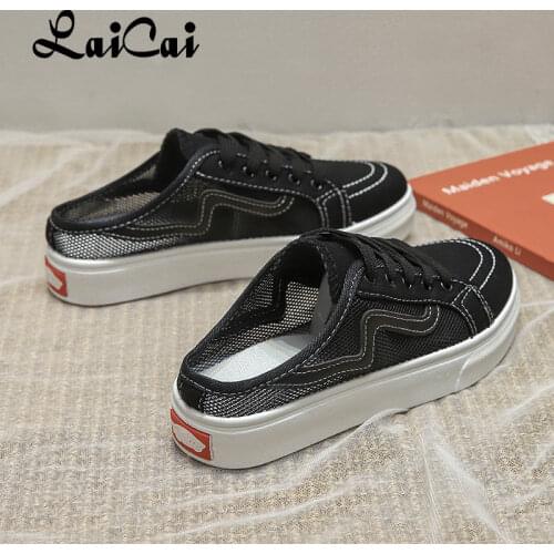 Heelless Lazybones' Shoes Womens 2021 Spring Summer New Ulzzang Canvas Shoe Flat Semi-Slippers White Comfortable Slipper