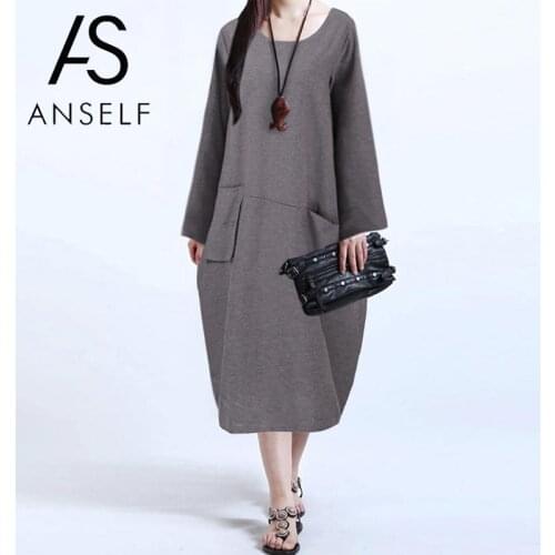 ANSELF Big Size Baggy Dress Women Midi Long Dress Ethnic Vintage Robe Dress Long Sleeve Autumn Winter Dress Plus Size 3XL 5XL