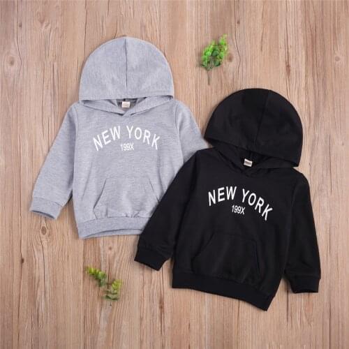 2020 0-7Y Kids Baby Boy Girl Sweatshirt NEW YORK Letter Print Long Sleeve Hooded Top Black/Gray Pullovers Autumn Outwear
