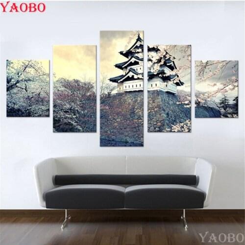 5 PCS Diamond Embroidery Sakura Japan Spring,square Rhinestone,5D,DIY Diamond Painting,Cross Stitch,Diamond Mosaic,Mount Fuji