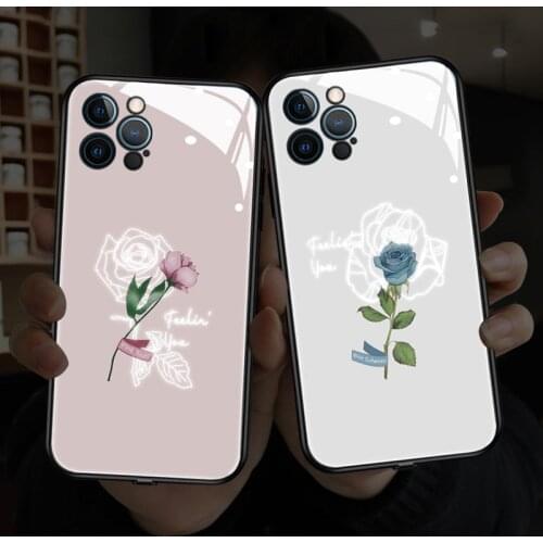 Tempered Glass Call Light Case For iPhone 11 12 Pro Max 8 7 Plus Case Flower LED Flash Cover For iPhone XR X XS MAX 12 Mini Case