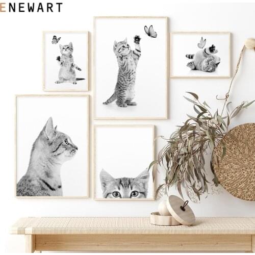 Black White Funny Naughty Cat Play Butterfly Canvas Painting Nordic Minimalist Posters and Prints for Living Room Wall Art